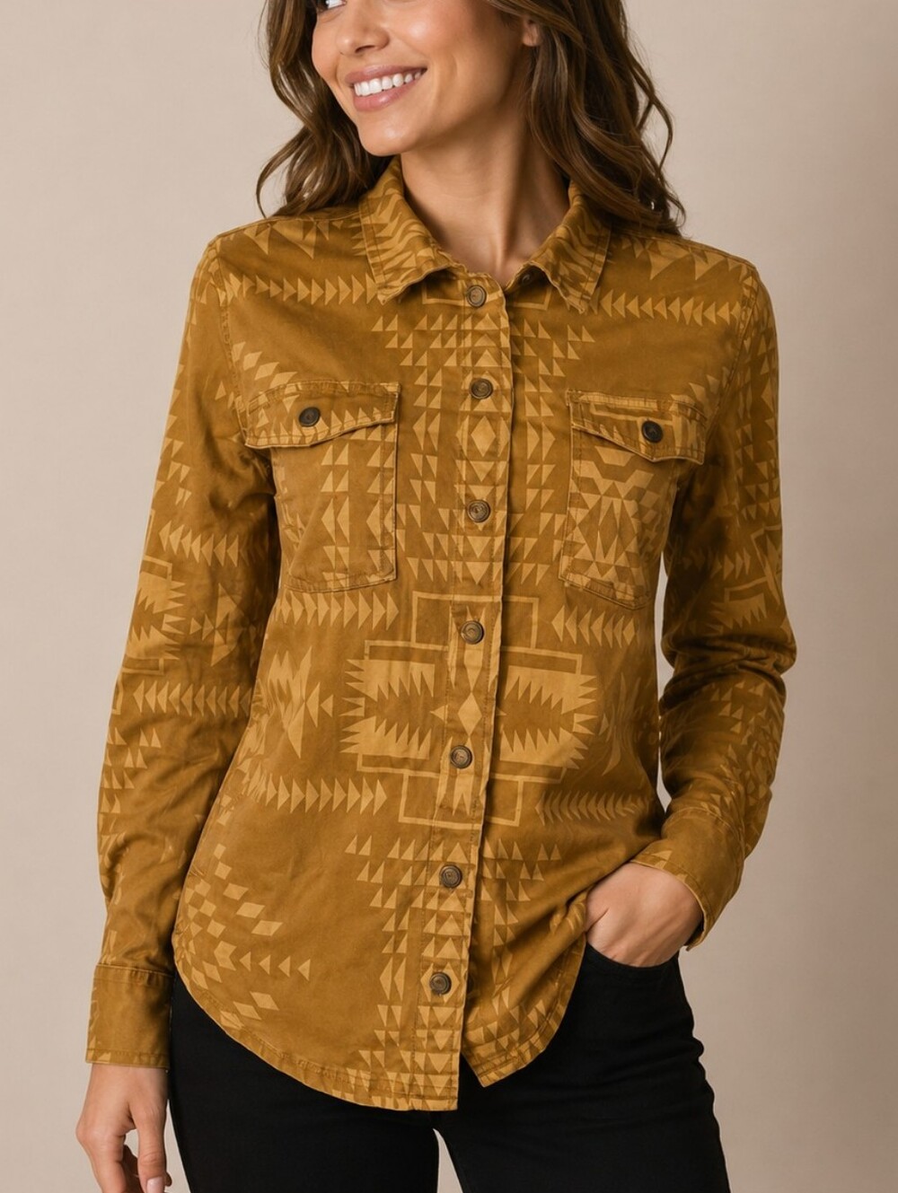NATURAL REFLECTIONS Mustard Yellow Aztec Snap Shacket